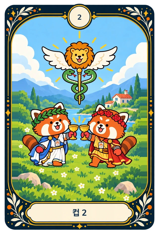 두 취업팬다가 마주 서서 컵을 주고받는 컵 2 카드예요. 왼쪽은 초록 월계관을, 오른쪽은 붉은 화관을 썼고 위쪽에는 날개와 두 뱀이 있는 지팡이와 사자 머리, 뒤쪽에는 집이 보여요.